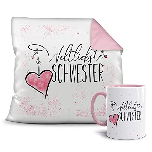 Geschenkset für die Weltbeste Schwester - Tasse und Kissen - Altrosa/Verwandte/Geschenk-Idee/Liebling/Familie von Tassendruck