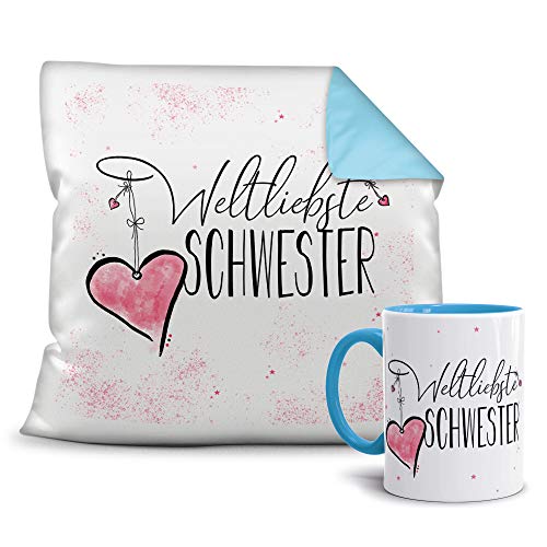 Geschenkset für die Weltbeste Schwester - Tasse und Kissen - Himmelblau/Verwandte/Geschenk-Idee/Liebling/Familie von Tassendruck