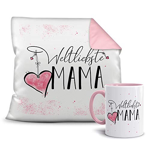 Geschenkset für die Weltliebste Mama - Tasse und Kissen - Altrosa/Verwandte/Geschenk-Idee/Liebling/Familie von Tassendruck