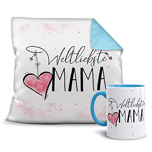 Geschenkset für die Weltliebste Mama - Tasse und Kissen - Himmelblau/Verwandte/Geschenk-Idee/Liebling/Familie von Tassendruck