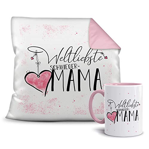 Geschenkset für die Weltliebste Schwiegermama - Tasse und Kissen - Altrosa/Verwandte/Geschenk-Idee/Liebling/Familie von Tassendruck