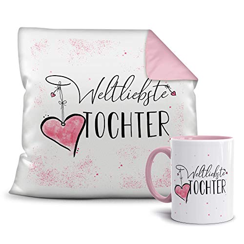 Geschenkset für die Weltliebste Tochter - Tasse und Kissen - Altrosa/Verwandte/Geschenk-Idee/Liebling/Familie von Tassendruck