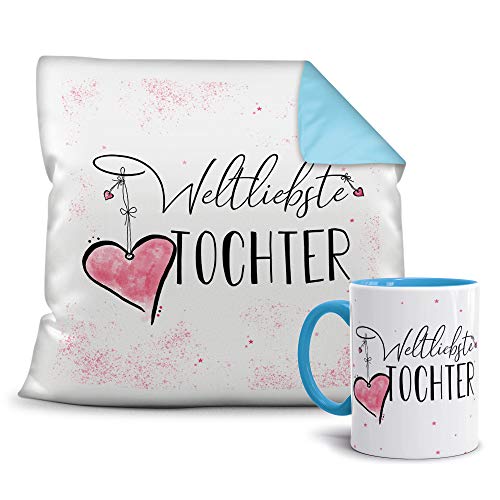 Geschenkset für die Weltliebste Tochter - Tasse und Kissen - Himmelblau/Verwandte/Geschenk-Idee/Liebling/Familie von Tassendruck