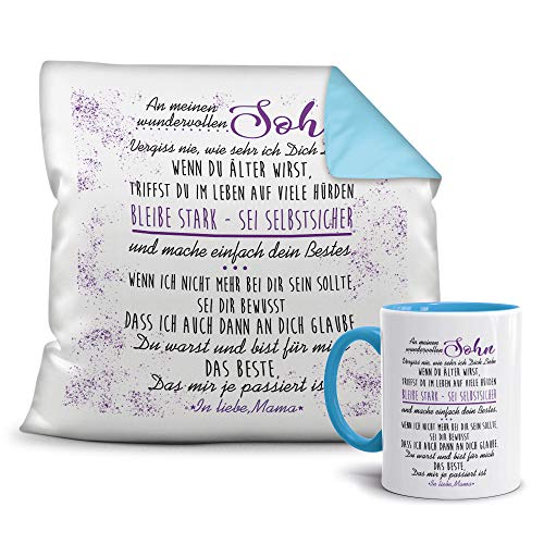 Geschenkset von der Mama für den Sohn - Tasse und Kissen - Himmelblau/Verwandte/Geschenk-Idee/Liebling/Familie von Tassendruck