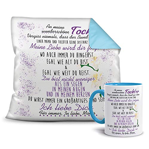 Geschenkset von der Mama für die Tochter - Tasse und Kissen - Himmelblau/Verwandte/Geschenk-Idee/Liebling/Familie von Tassendruck