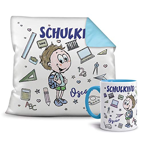 Geschenkset zur Einschulung Schulkind Junge - Ihr Name - Tasse und Kissen/ABC-Schütze/Schule / 1.Klasse/Personalisiert/Individuell/Geschenk-Idee/Hellblau von Tassendruck