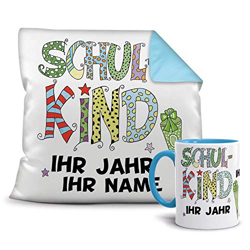 Geschenkset zur Einschulung Schulkind Junge - Ihr Name und Jahr - Tasse und Kissen/ABC-Schütze/Schule / 1.Klasse/Personalisiert/Individuell/Geschenk-Idee/Hellblau von Tassendruck