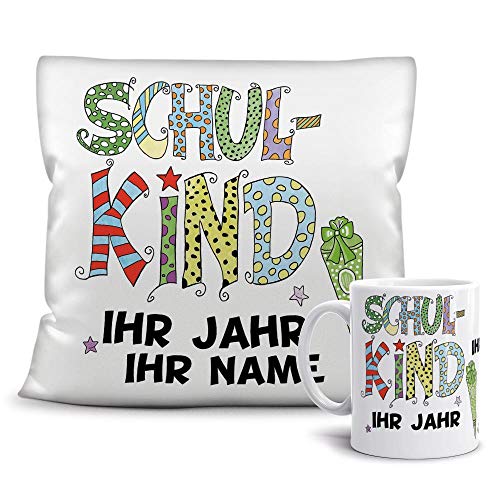 Geschenkset zur Einschulung Schulkind Junge - Ihr Name und Jahr - Tasse und Kissen/ABC-Schütze/Schule / 1.Klasse/Personalisiert/Individuell/Geschenk-Idee/Weiss von Tassendruck