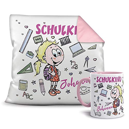 Geschenkset zur Einschulung Schulkind Mädchen - Ihr Name - Tasse und Kissen/ABC-Schütze/Schule / 1.Klasse/Personalisiert/Individuell/Geschenk-Idee/Rosa von Tassendruck