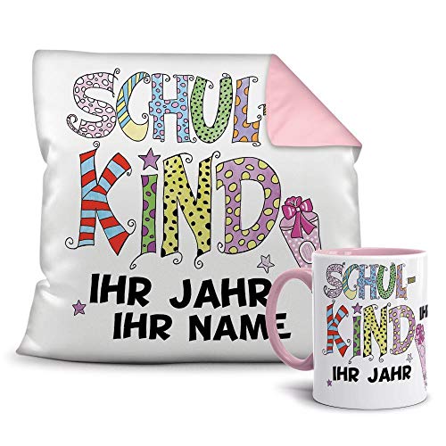 Geschenkset zur Einschulung Schulkind Mädchen - Ihr Name und Jahr - Tasse und Kissen/ABC-Schütze/Schule / 1.Klasse/Personalisiert/Individuell/Geschenk-Idee/Rosa von Tassendruck