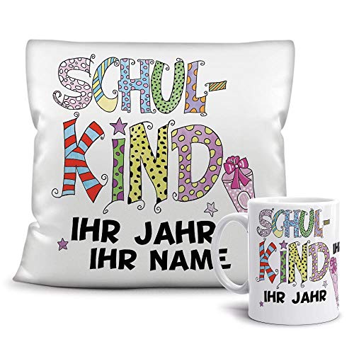 Geschenkset zur Einschulung Schulkind Mädchen - Ihr Name und Jahr - Tasse und Kissen/ABC-Schütze/Schule / 1.Klasse/Personalisiert/Individuell/Geschenk-Idee/Weiss von Tassendruck