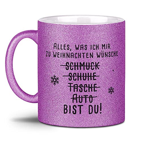 Tassendruck Glitzertasse mit Spruch - Alles was ich Mir wünsche bist du! - Weihnachts-Tasse, Weihnachts Geschenk Familie, Freunde, Glitter, Weihnachten - Hochwertige Keramik,Lila, 300 ml von Tassendruck