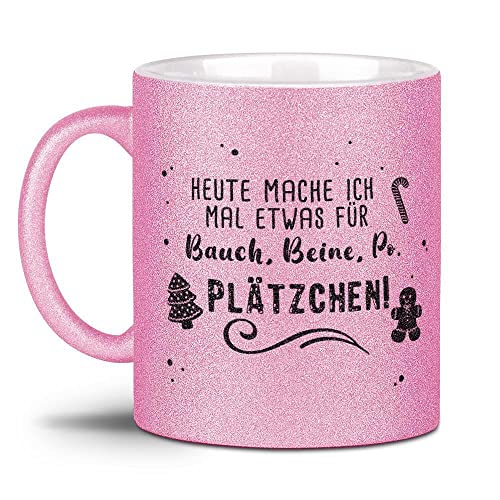 Tassendruck Glitzertasse mit Spruch - Bauch, Beine, Po & Plätzchen! - Weihnachts-Tasse, Weihnachts Geschenk Familie, Freunde, Glitter, Weihnachten - Hochwertige Keramik, Rosa, 300 ml von Tassendruck