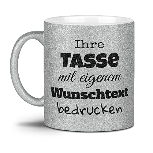 Glitzertasse selbst gestalten - mit Text personalisieren - Geschenk für Familie, Freunde, Frauen, Glitter - Hochwertige Keramik Silber - Links & Rechts vom Henkel bedruckt von Tassendruck