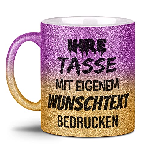 Glitzertasse selbst gestalten - mit Text personalisieren - Geschenk für Familie, Freunde, Frauen, Glitter - Hochwertige Keramik mit Verlauf Pink-Gold - Links & Rechts vom Henkel bedruckt von Tassendruck