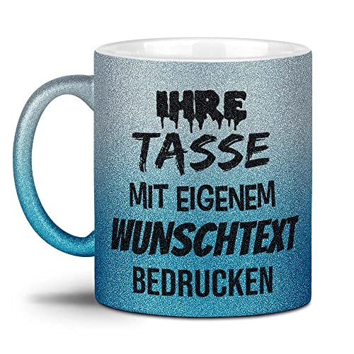 Glitzertasse selbst gestalten - mit Text personalisieren - Geschenk für Familie, Freunde, Frauen, Glitter - Hochwertige Keramik mit Verlauf Silber-Blau - Links & Rechts vom Henkel bedruckt von Tassendruck