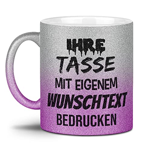 Glitzertasse selbst gestalten - mit Text personalisieren - Geschenk für Familie, Freunde, Frauen, Glitter - Hochwertige Keramik mit Verlauf Silber-Pink - Links & Rechts vom Henkel bedruckt von Tassendruck