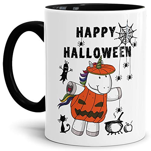 Halloween-Tasse mit Spruch Happy Halloween - Einhorn/Gespenster/Spinnen - Innen & Henkel Schwarz von Tassendruck