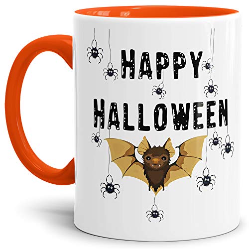 Halloween-Tasse mit Spruch Happy Halloween - Fledermaus/Spinnen - Innen & Henkel Orange von Tassendruck