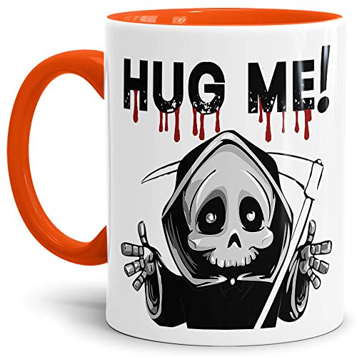 Halloween-Tasse mit Spruch Hug me - der Tod/Sensenmann/Skullhead - Innen & Henkel Orange von Tassendruck