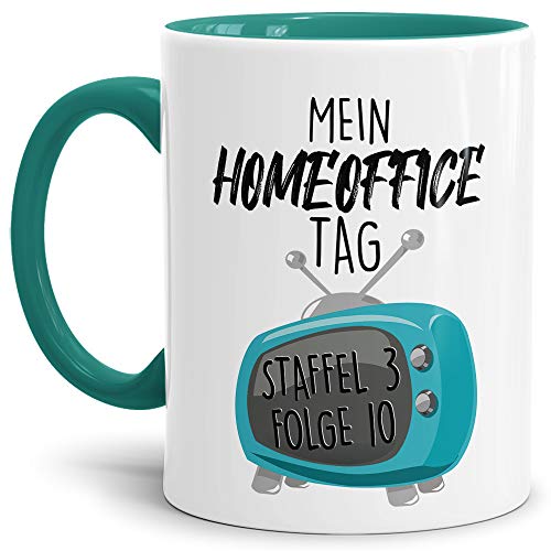 Home Office Tasse mit Spruch - Mein Home Office Tag - Kaffee-Tasse/Arbeit/Job/Lustig/Erinnerung Krise Virus 2020 - Innen & Henkel Türkis von Tassendruck