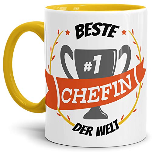Kaffee-Tasse Beste Chefin Innen & Henkel Gelb/Lustig/Fun/Mug/Cup/Geschenk/Beste Qualität - 25 Jahre Erfahrung von Tassendruck