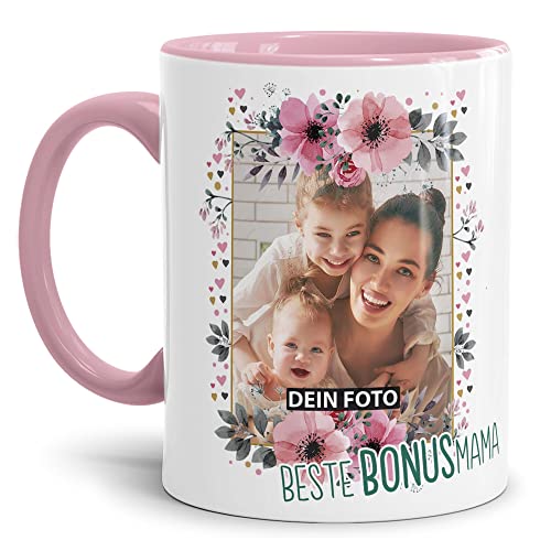 Keramik Tasse - Beste Bonusmama - mit Foto selbst gestalten - Geschenk für die Beste Bonusmama, Muttertag, Weihnachten I Personalisiert, Rosa, 300 ml von Tassendruck