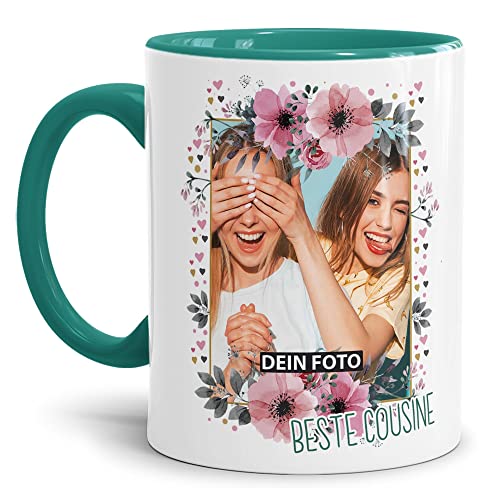 Keramik Tasse - Beste Cousine - mit Foto selbst gestalten - Geschenk für die Beste Cousine, Geburtstag, Weihnachten I Personalisiert, Türkis, 300 ml von Tassendruck