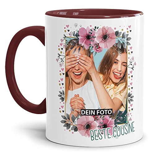 Keramik Tasse - Beste Cousine - mit Foto selbst gestalten - Geschenk für die Beste Cousine, Geburtstag, Weihnachten I Personalisiert, Weinrot, 300 ml von Tassendruck