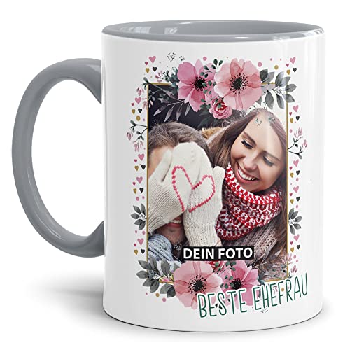 Keramik Tasse - Beste Ehefrau - mit Foto selbst gestalten - Geschenk für die Beste Ehefrau, Geburtstag, Valentinstag, Weihnachten I Personalisiert, Grau, 300 ml von Tassendruck