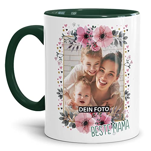 Keramik Tasse - Beste Mama - mit Foto selbst gestalten - Geschenk für die Beste Mama, Muttertag, Weihnachten I Personalisiert, Innen & Henkel Dunkelgrün, 300 ml von Tassendruck