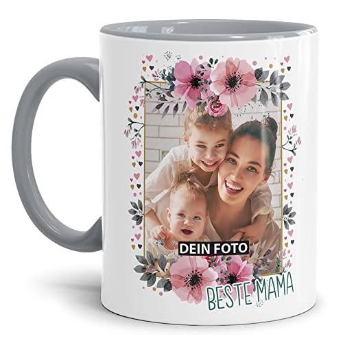 Keramik Tasse - Beste Mama - mit Foto selbst gestalten - Geschenk für die Beste Mama, Muttertag, Weihnachten I Personalisiert, Innen & Henkel Grau, 300 ml von Tassendruck