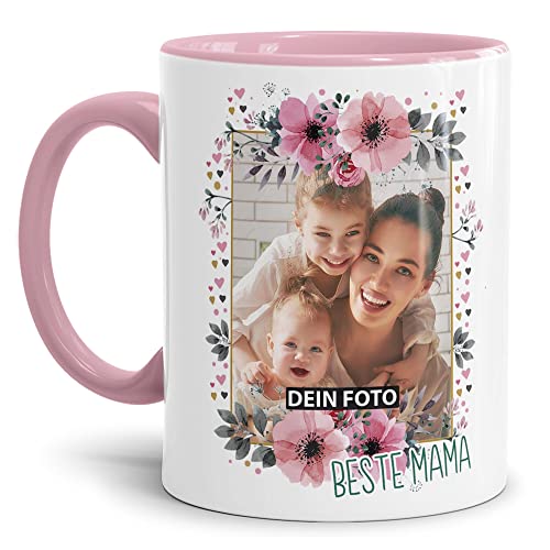 Keramik Tasse - Beste Mama - mit Foto selbst gestalten - Geschenk für die Beste Mama, Muttertag, Weihnachten I Personalisiert, Innen & Henkel Rosa, 300 ml von Tassendruck