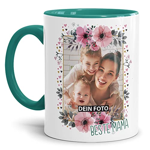 Keramik Tasse - Beste Mama - mit Foto selbst gestalten - Geschenk für die Beste Mama, Muttertag, Weihnachten I Personalisiert, Innen & Henkel Türkis, 300 ml von Tassendruck