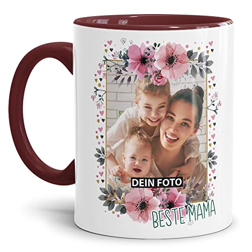 Keramik Tasse - Beste Mama - mit Foto selbst gestalten - Geschenk für die Beste Mama, Muttertag, Weihnachten I Personalisiert, Innen & Henkel Weinrot, 300 ml von Tassendruck