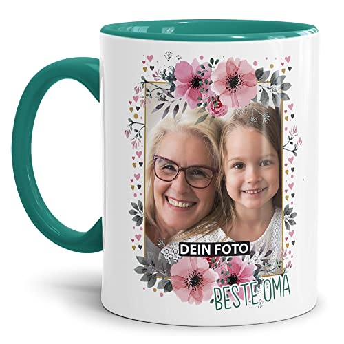 Keramik Tasse - Beste Oma - mit Foto selbst gestalten - Geschenk für die Beste Oma, Geburtstag, Weihnachten I Personalisiert, Türkis, 300 ml von Tassendruck