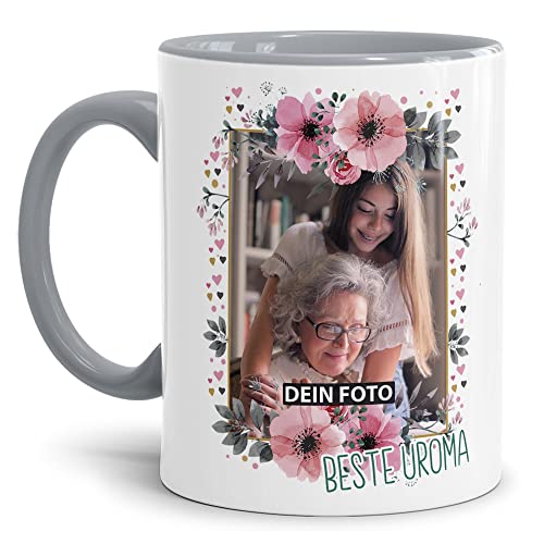 Keramik Tasse - Beste Uroma - mit Foto selbst gestalten - Geschenk für die Beste Uroma, Geburtstag, Weihnachten I Personalisiert, Grau, 300 ml von Tassendruck