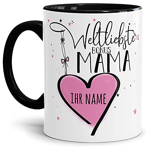 Keramik Tasse - Weltliebste Bonusmama - zum selbst gestalten mit Name - Geschenk für die beste Bonusmama - Innen & Henkel Schwarz, 300 ml von Tassendruck