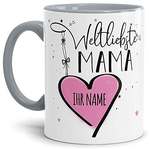 Keramik Tasse - Weltliebste Mama - zum selbst gestalten mit Name - Geschenk für die beste Mama - Innen & Henkel Grau, 300 ml von Tassendruck