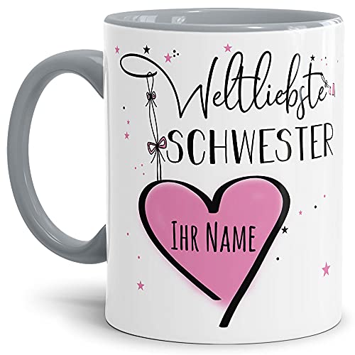 Keramik Tasse - Weltliebste Schwester - zum selbst gestalten mit Name - Geschenk für die beste Schwester - Innen & Henkel Grau, 300 ml von Tassendruck