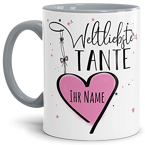 Keramik Tasse - Weltliebste Tante - zum selbst gestalten mit Name - Geschenk für die beste Tante - Innen & Henkel Grau, 300 ml von Tassendruck