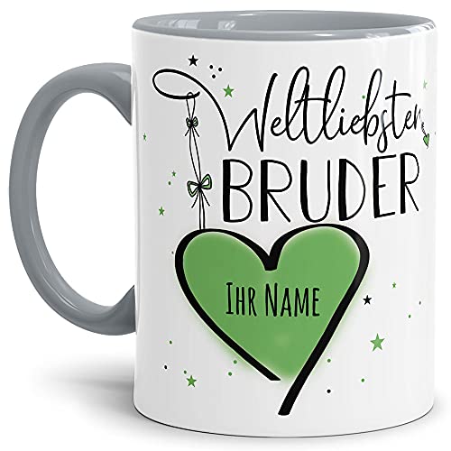 Keramik Tasse - Weltliebster Bruder - zum selbst gestalten mit Name - Geschenk für den besten Bruder - Innen & Henkel Grau, 300 ml von Tassendruck