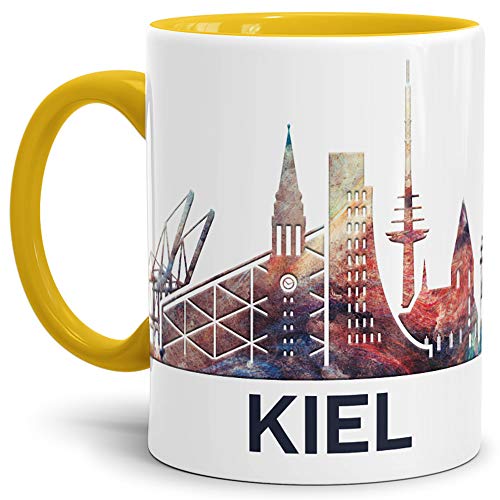 Kiel-Tasse Skyline - Kaffeetasse/Silhouette/Becher/Souvenir/Städte-Tasse/Mug/Cup/Beste Qualität - 25 Jahre Erfahrung - Innen & Henkel Gelb von Tassendruck