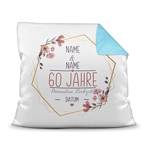 Kissen Hochzeitstag Diamantene Hochzeit - mit Name & Datum selbst gestalten - 60 Jahre Ehe, Geschenk Hochzeit, Jubiläum, Jahrestag - Hochzeit Farbkissen Rückseite Hellblau, 40x40 cm I Personalisiert von Tassendruck