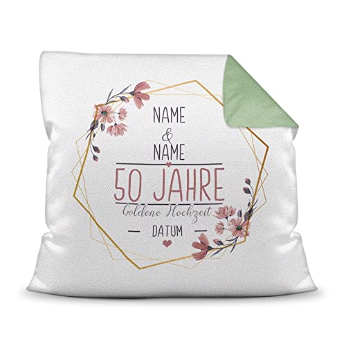 Kissen Hochzeitstag Goldene Hochzeit - mit Name & Datum selbst gestalten - 50 Jahre Ehe, Geschenk Hochzeit, Jubiläum, Jahrestag - Hochzeit Farbkissen Rückseite Grün, 40x40 cm I Personalisiert von Tassendruck