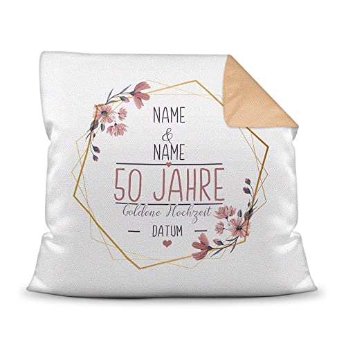 Kissen Hochzeitstag Goldene Hochzeit - mit Name & Datum selbst gestalten - 50 Jahre Ehe, Geschenk Hochzeit, Jubiläum, Jahrestag - Hochzeit Farbkissen Rückseite Mokka, 40x40 cm I Personalisiert von Tassendruck