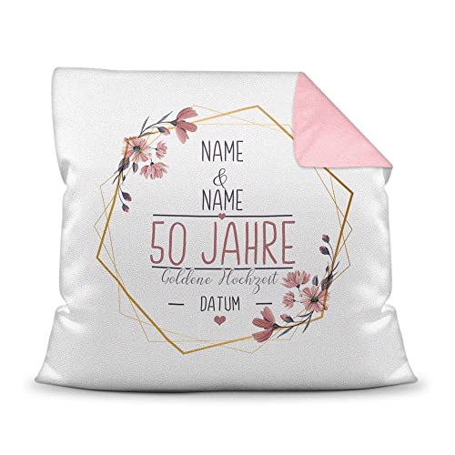 Kissen Hochzeitstag Goldene Hochzeit - mit Name & Datum selbst gestalten - 50 Jahre Ehe, Geschenk Hochzeit, Jubiläum, Jahrestag - Hochzeit Farbkissen Rückseite Rosa, 40x40 cm I Personalisiert von Tassendruck