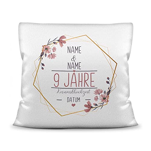 Kissen Hochzeitstag Keramik Hochzeit - mit Name & Datum selbst gestalten - 9 Jahre Ehe, Geschenk Hochzeit, Jubiläum, Jahrestag - Kissen Weiß flauschig, 40x40 cm I Personalisiert von Tassendruck