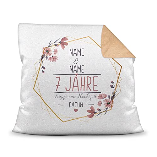 Kissen Hochzeitstag Kupferne Hochzeit - mit Name & Datum selbst gestalten - 7 Jahre Ehe, Geschenk Hochzeit, Jubiläum, Jahrestag - Hochzeit Farbkissen Rückseite Mokka, 40x40 cm I Personalisiert von Tassendruck