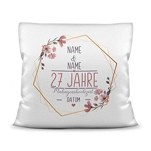 Kissen Hochzeitstag Mahagoni Hochzeit - mit Name & Datum selbst gestalten - 27 Jahre Ehe, Geschenk Hochzeit, Jubiläum, Jahrestag - Kissen Weiß flauschig, 40x40 cm I Personalisiert von Tassendruck